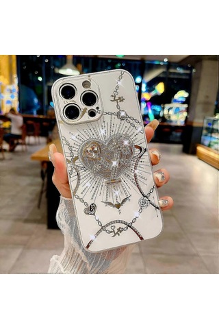 İphone Uyumlu 16 Pro Max Kılıf Kickstand Tpu+pc Rhinestones Dekor Telefon Kılıfı - Beyaz