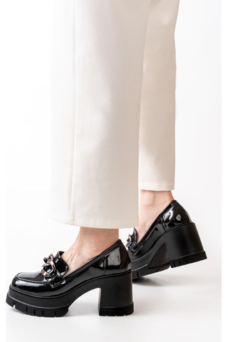 Asmi Shoes Kadın Zincir Tokalı Karmi 8 Cm Topuklu Loafer Platformlu Ayakkabı Siyah Siyah
