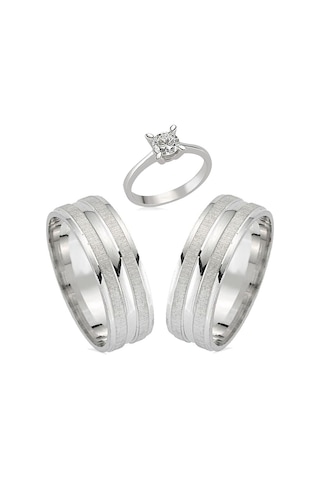 Mat Çizgili Gümüş Alyans Çifti Söz Yüzükleri Tektaş Hediye Wr42