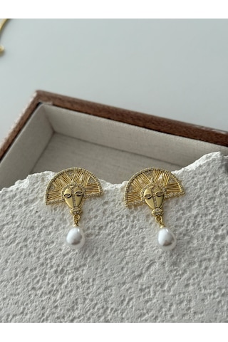 Art Deco Yüz Figürlü İnci Küpe Antialerjik Altın Art Deco Yüz Figürlü İnci Küpe Antialerjik Altın