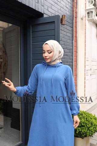 Kadın Mavi Aerobin Uzun Kapşonlu İkili Takım T0219 Mavi