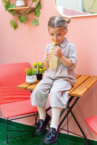 Oliventhekid Yakalı Pileli Kız Çocuk Tulum Bej Bej