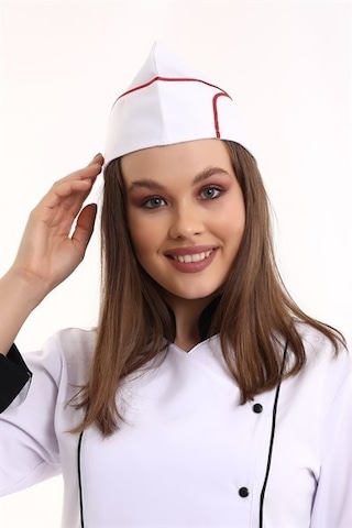 Beyaz Üzerine Kırmızı Biye Aşçı Kayık Kep - Unisex-Standart-Tek Parça