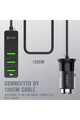 Ldnıo 4 Portlu Fast Qc3.0+2.4a+3.1a Usb Araç Şarj Cihazı Mpv Araç Telefonu İçin 120cm Uzatma Kablosu İle Evrensel Usb Hızlı Adaptör -