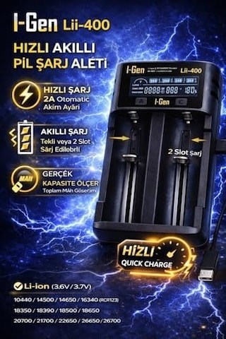I-gen Batteries Lii-400 Akıllı Li-ion Pil Şarj Cihazı, Type-c Girişli, Lcd Ekranlı, 2 Slot Şarj, Li-ion & Ni-mh Uyumlu 18650/21700 / Aa/aaa