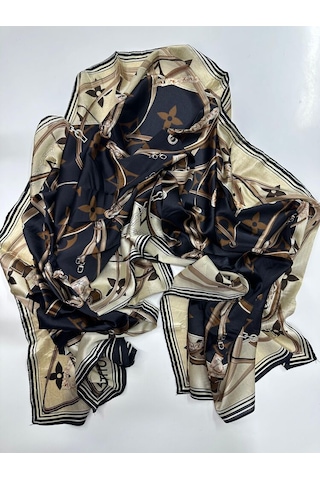 Miorel Scarfs Yeni Sezon Lv Kemer Desen Vual İpek Şal Yeni Sezon Silk Scarfs Shawl Hijab Fular Bej - Antrasit