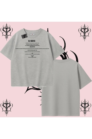 Tarzsokak El-varis İngilizce Rabbimin 99 İsminden El-varis Oversize Unisex Tişört Hakikat Temalı Streetwea Gri