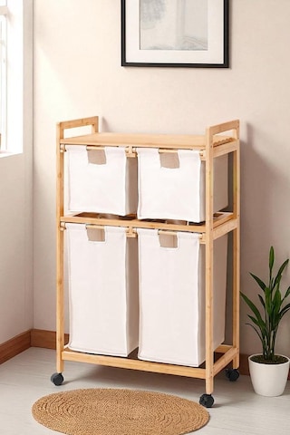 Bambu 4 Bölmeli Kirli Sepetli Çamaşır Sepeti Raflı Banyo Düzenleyici Db-0018 Kahverengi