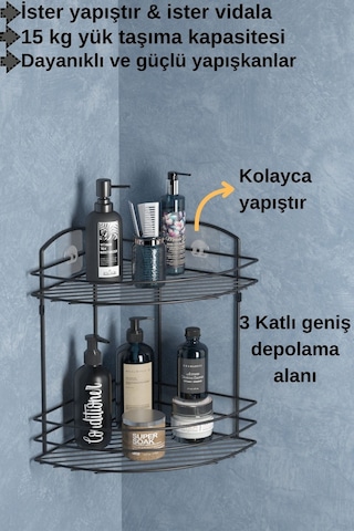 Teknotel Banyo Düzenleyici Şampuanlık Sabunluk 2 Katlı Yapışkanlı Banyo Duş Rafı Siyah St032 Siyah