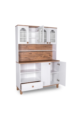 Modilay Bohem Membran Kahve Köşesi Ve Çok Amaçlı Dolap - Camlı Vitrinli Mutfak Konsolu - 128 Cm Ceviz - Beyaz