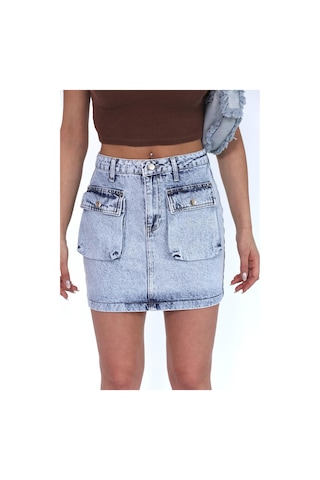 Zeo Basic Kargo Cepli Mini Skirt Mavi- Buz