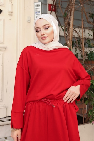 Balenbi Oysh Modal Kumaş Salaş Kesim Bol Paça Tesettür Tunik Takım 3833 Kırmızı
