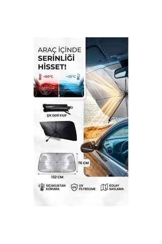 Universal Araç Ön Cam Güneşliği Şemsiye Tipi Katlanabilir Güneş Koruyucu Isı Azaltıcı, Uv Korumalı, Kolay Kurulumlu Oto Güneşlik 132x76 Cm