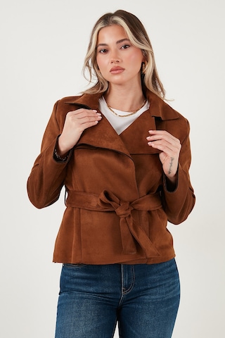 Lela Regular Fit Kruvaze Yaka Kuşaklı Süet Dokulu Bayan Ceket 6839640 Taba