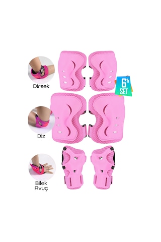 6'lı Yüksek Koruma 3-12 Yaş Paten Scooter Bisiklet Kaykay Diz Dirsek El Koruma Koruyucu Seti Pembe Pembe