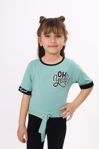 Toontoy Kids Toontoy Kız Çocuk Önü Bağlama Detaylı Baskılı Tişört Yeşil