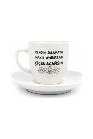 Kendini Sulamaya Vakit Ayırırsan Çiçek Açarsın Krem Türk Kahvesi Fincanı - Hediye Seramik Türk Kahvesi Fincanı Acı Kahve