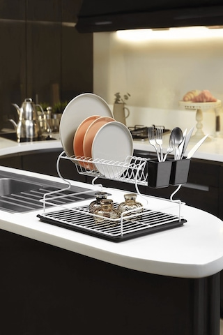 2 Katlı Beyaz Bulaşıklık Dayanıklı Paslanmaz Termoplastik Kaplama Bulaşık Sepeti, Tepsili, Tabak Ve Kaşık Kurutmalık - Beyaz - Siyah