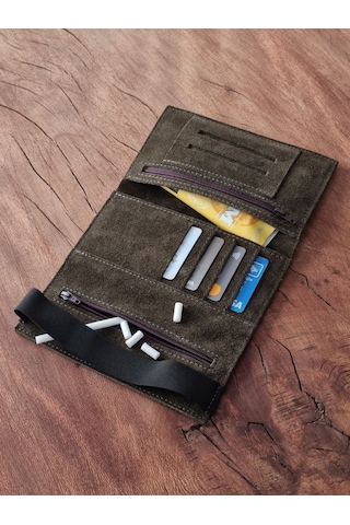 Tütün Kesesi Cüzdan Tütün Çantası Kartlıklı %100 Gerçek Süet Deri Haki Yeşil