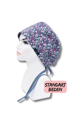 Standart Beden Mavi Minik Çiçekler Cerrahi Bone Doktor Hemşire Sağlıkçı Hastane Bonesi Renkli