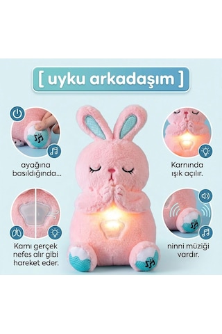Nefes Alan Işıklı Müzikli Uyku Arkadaşı Tavşan 30 Cm Ninni Söyleyen Göğsü Hareketli Uyku Oyuncağı Pembe