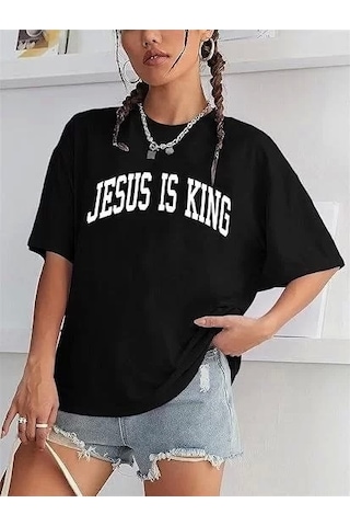 Kadın Bisiklet Yaka Kısa Kol Baskılı T-shirt - Siyah Siyah