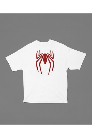 Oversize Film Kahramanı Spider-man Logo Baskılı Unisex Oversize T Beyaz