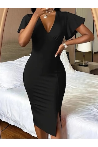 Ahes Shopping Kadın Kısa Kollu Derin Dekolte V Yakalı Yırtmaçlı Midi Janjan Krep Elbise Siyah