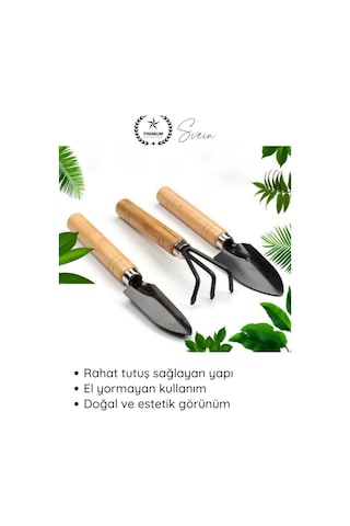 Tırmık 3 Lü Mini Ahşap Bahçe Seti Taşınabilir Tırmık Kürek Hobi Bitki Bakım Aletleri Kazma Kürek Sa
