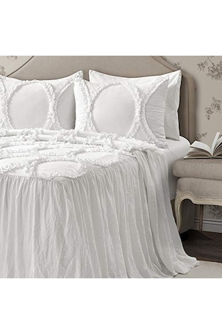 Lush Décor Riviera Fırfırlı Etek Yatak Örtüsü Beyaz Salaş Şık Çiftlik Evi Tarzı Hafif 3 Parça Set Polyester Genel