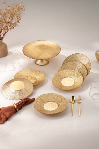 Emsan Golden 7 Parça Cam Pasta / Tatlı Seti Gold