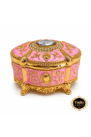 Kristal Taşlı Oval Mücevher Kutusu Kadife İç Kaplamalı Gold İşlemeli Takı Kutusu Dekoratif Saklama Kutusu Açık Pembe