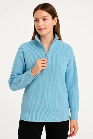 Efnaz Style Kadın Yarım Fermuarlı Triko Kazak Selanik Örgü, Dik Yaka, Pamuklu Dokuma, Oversize Uzun Kollu Kışlık Model - Bebe Mavisi Mint Yeşili