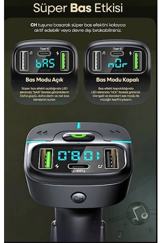 Araç Müzik Çalar Fm Transmitter F9 Bluetooth Araç Kiti Usb Type-c Hızlı Şarj Çıkışlı Çakmaklık Şarj