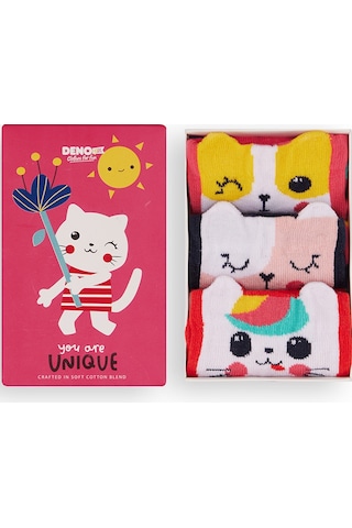 Denokids Renkli Kediler Kız Çocuk 3'lü Kutulu Çorap Renkli