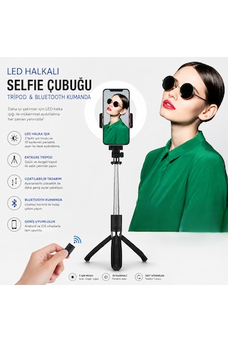 Led Işıklı Selfie Çubuğu Tripod Kablosuz Kumandalı Siyah