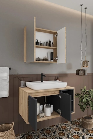 Lale 80 Cm %100 Mdf Lavabolu Banyo Dolabı + Aynalı Dolap Antrasit