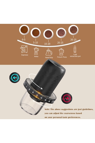 Vkemall Portatif Usb Şarjlı Fincan Kahve Değiştirilebilir Seramik Blade 40 Seviye Uygun Ölçü Kahve Değirmeni Siyah