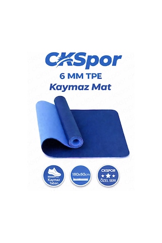 CKSpor Profesyonel Tpe Yoga Matı 6 Mm Kaymaz Taban Çift Katmanlı Spor Matı Mavi