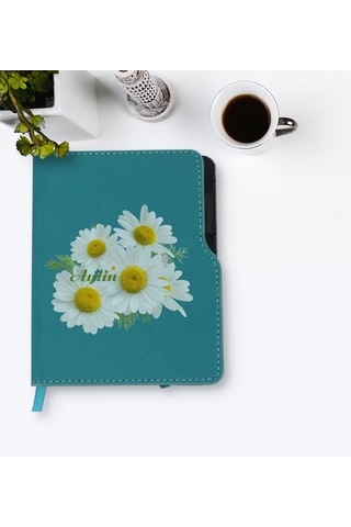 Kişiye Özel Papatya Temalı Turkuaz Termo Deri Defter-12