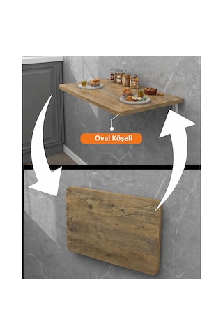 90x50 Cm Oval Köşeli Ceviz Duvara Monte Katlanır Masa Mekanizmalı Açılır Kapanır Duvar Masası Mutfak Balkon Çalışma Masası Beyaz