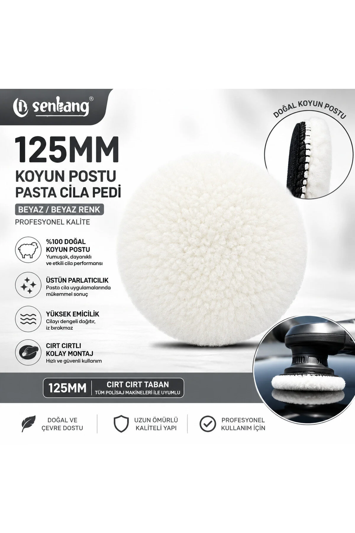 Senbang Profesyonel 3 Lü Kuzu Yünü Pasta Keçesi Seti 120 Mm Cırtlı Polisaj Pedi - Ağır Çizik Giderici, Ara Kat Ve Son Parlatma
