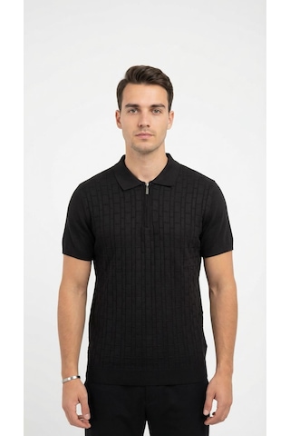 Plus Scorpion Erkek Polo Yaka Fermuarlı Triko Tişört Dokulu Slim Fit Siyah