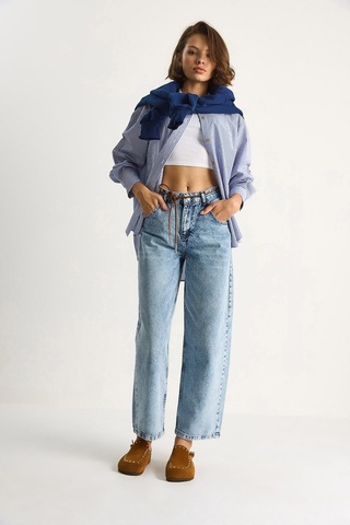 Shade Kadın Geniş Paça Yüksek Bel Deri İp Kemerli Denim Pantolon 5288 60284109 - Kar Yıkama