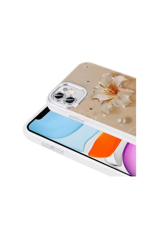 Apple Uyumlu iPhone 11 İle Çiçek Desenli Parlak Taşlı Sert Silikon Kapak