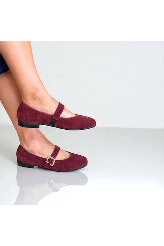 Ne&ve Shoes Bordo Süet Hakiki Deri Yuvarlak Burunlu Tokalı Kadın Babet