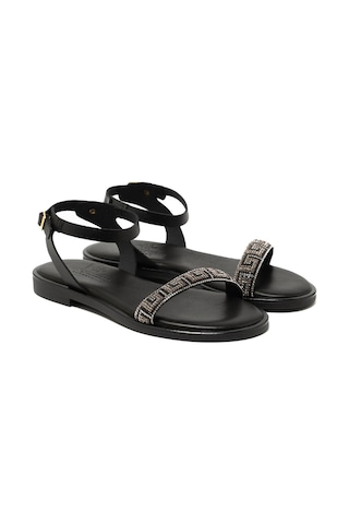 19 Black Sandalet Kadın 21008 Myconian 2025 Greek Sandal Siyah