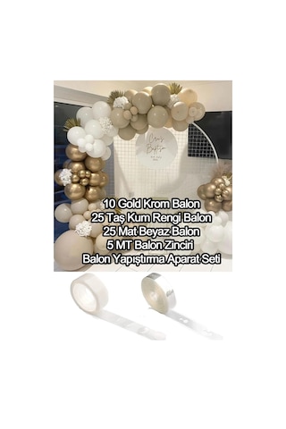 10 Krom Gold, 25 Beyaz Ve 25 Taş Kum Rengi Balon Zinciri Doğum Gü
