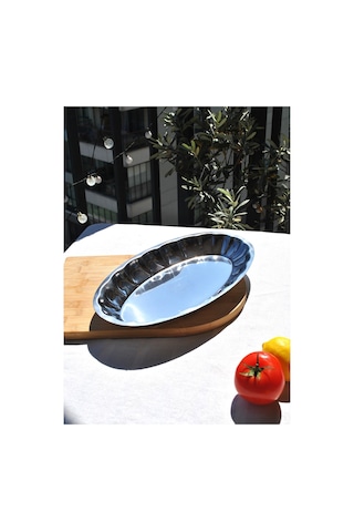 1 Adet Paslanmaz Çelik Dilimli Kayık Salata Sunum Tabağı 34 X 20 Cm Büyük Boy Kayık Tabak Gümüş