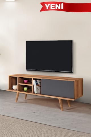 3331 Ela 130 Cm Ahşap Ayaklı Tv Ünitesi , Söğüt - Antrasit , Tv Sehpası , Salon , Oturma Odası Diğer